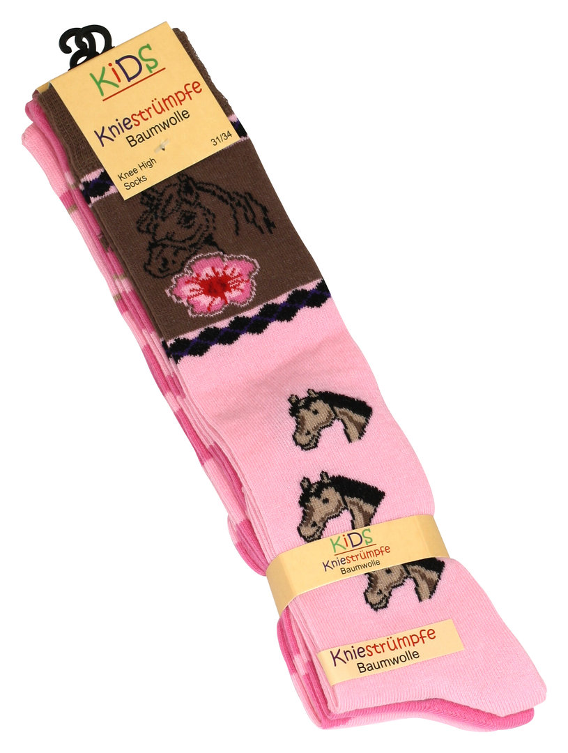 3er Pack Kinder Baumwoll-Kniestrümpfe mit Pferde-Motiven