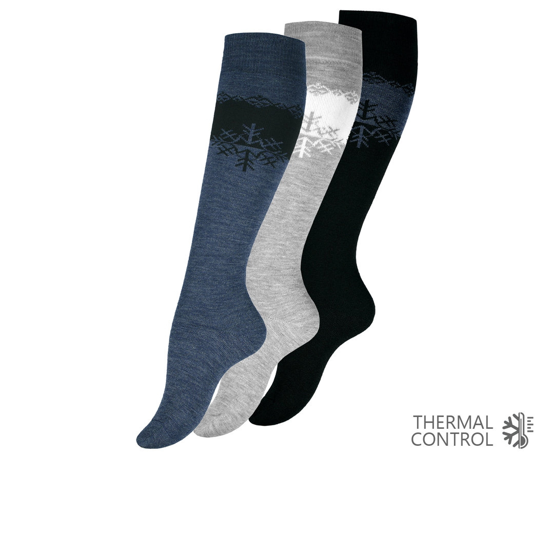 Damen THERMO Kniestrümpfe 3er Pack - Vollfrottee mit Schneeflocken Motiv